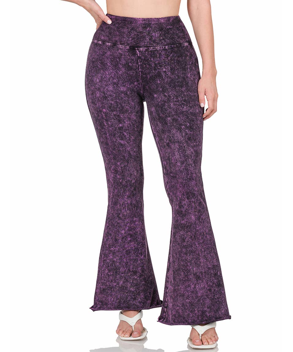 Curve Mineral Washed High Waist Raw Edge Hem Pants- Blackberry