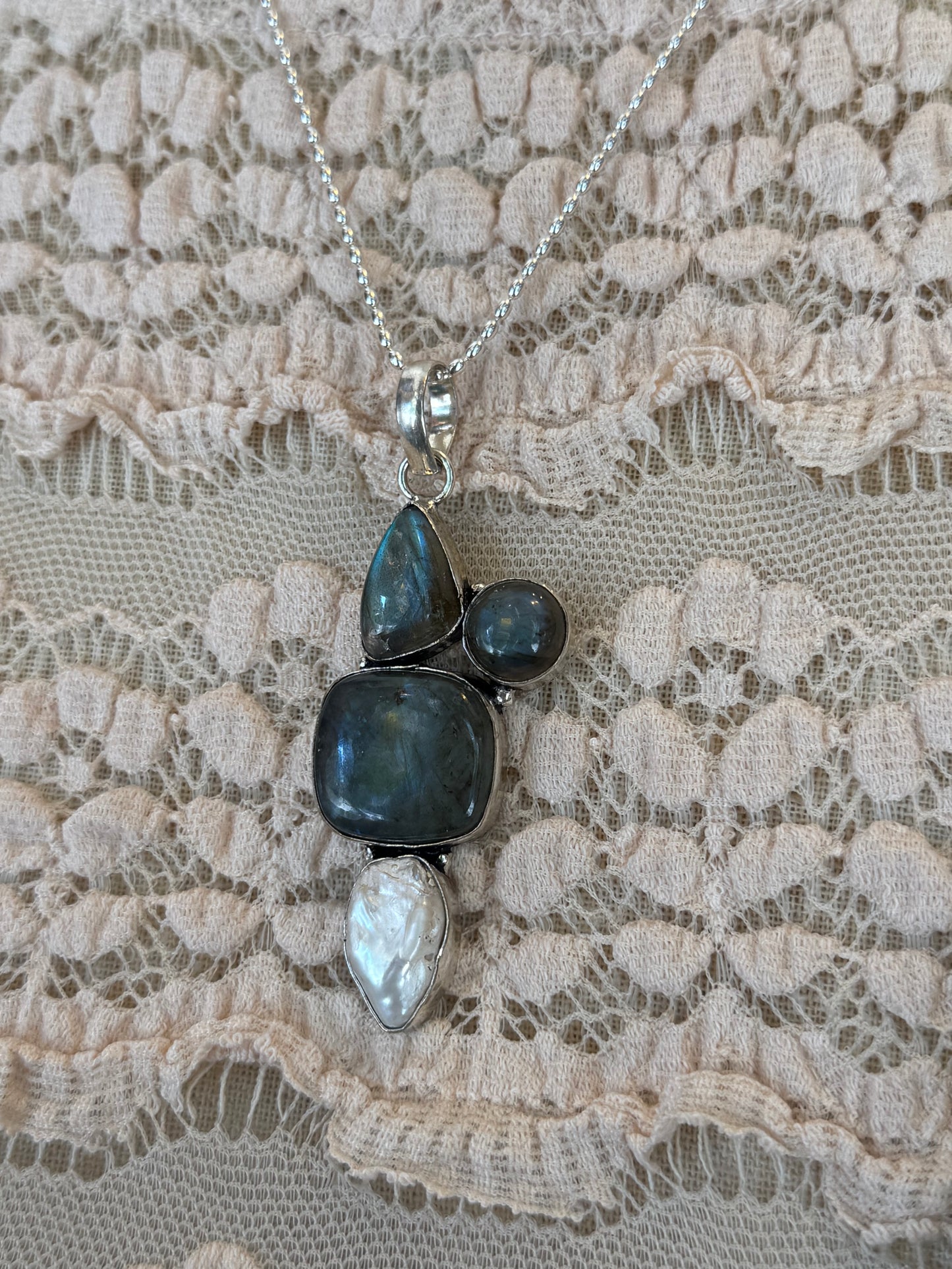 Triple Labradorite & Pearl Cluster Pendant