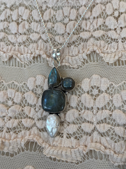 Triple Labradorite & Pearl Cluster Pendant