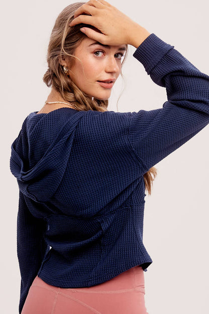 Waffle Knit Corset Hoodie - Teal Blue