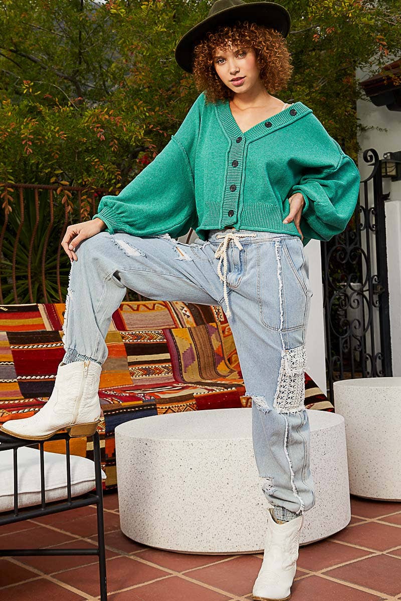 V-neck Dropped Shoulder Relaxed Fit Cardigan - Irish Green - La De Da