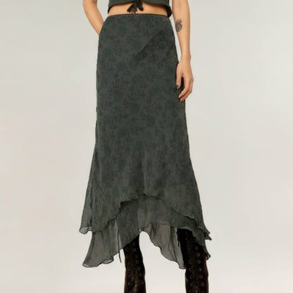 Asymmetrical Midi Skirt with Layered Chiffon- Olive Green