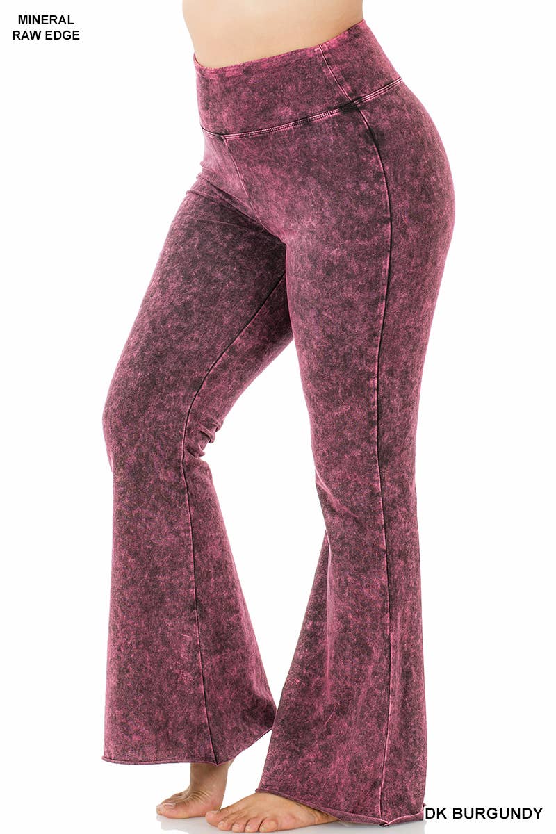 Curve Mineral Washed High Waist Raw Edge Hem Pants- Dark Burgandy