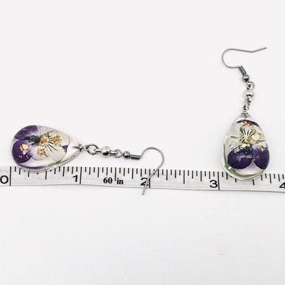 Wild Pansy Dried Flower Teardrop Dangle Earrings