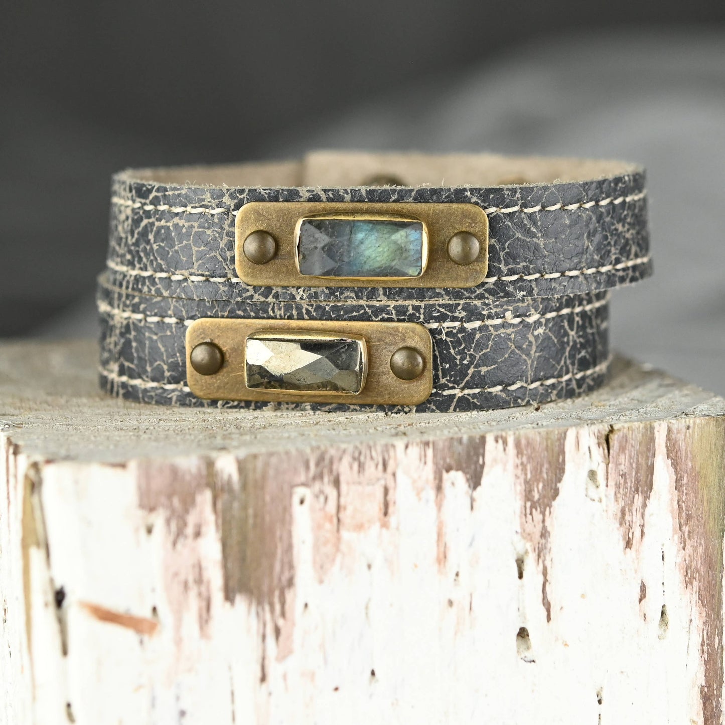 Leather Stacker Cuff w/ Semi Precious Stone - Labradorite