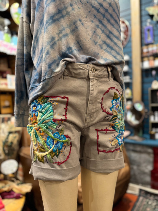 Embroidered Bird & Moth Charlie B Shorts -Debi Samuels*