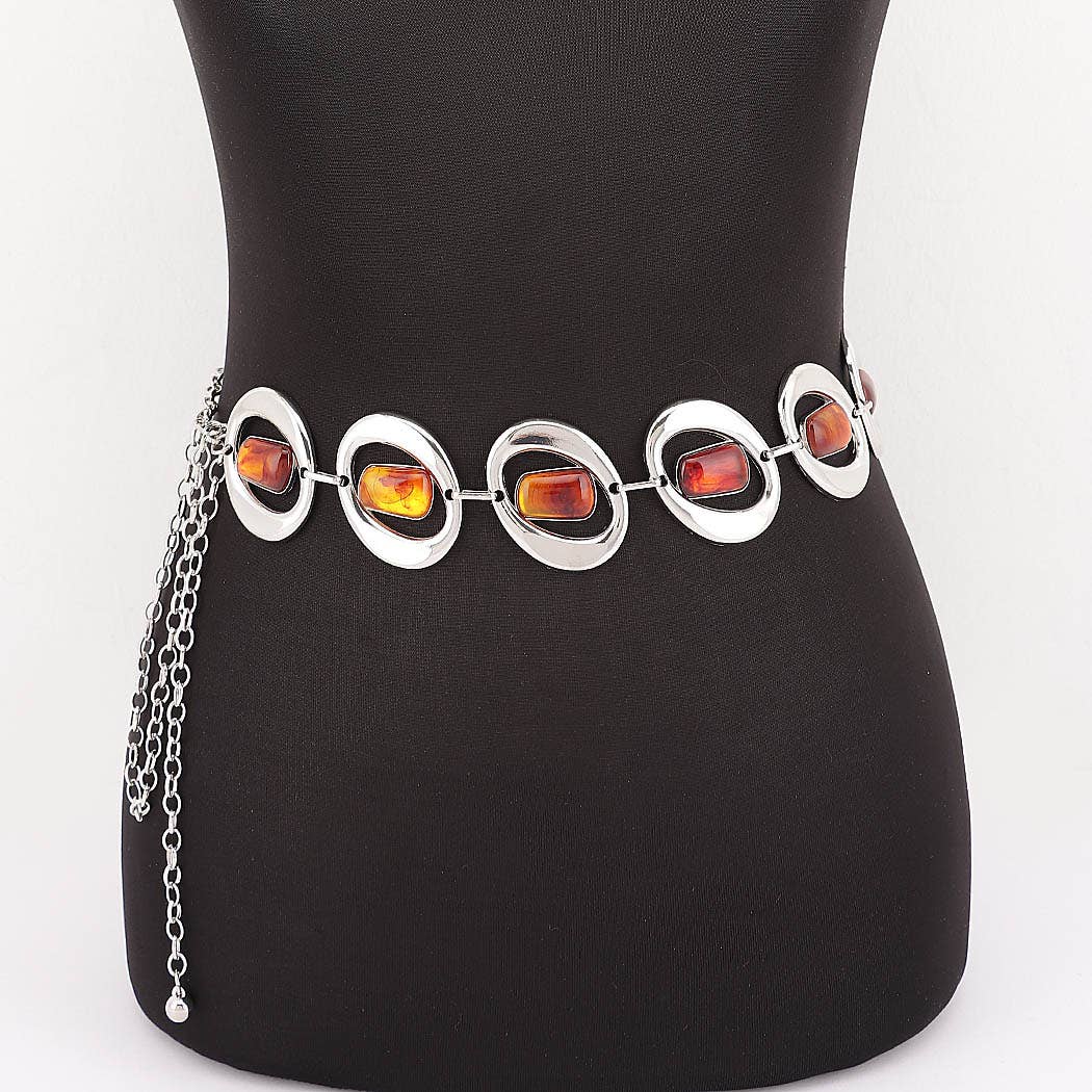 Gemstone Inlay Oval Link Chain Belt - SL