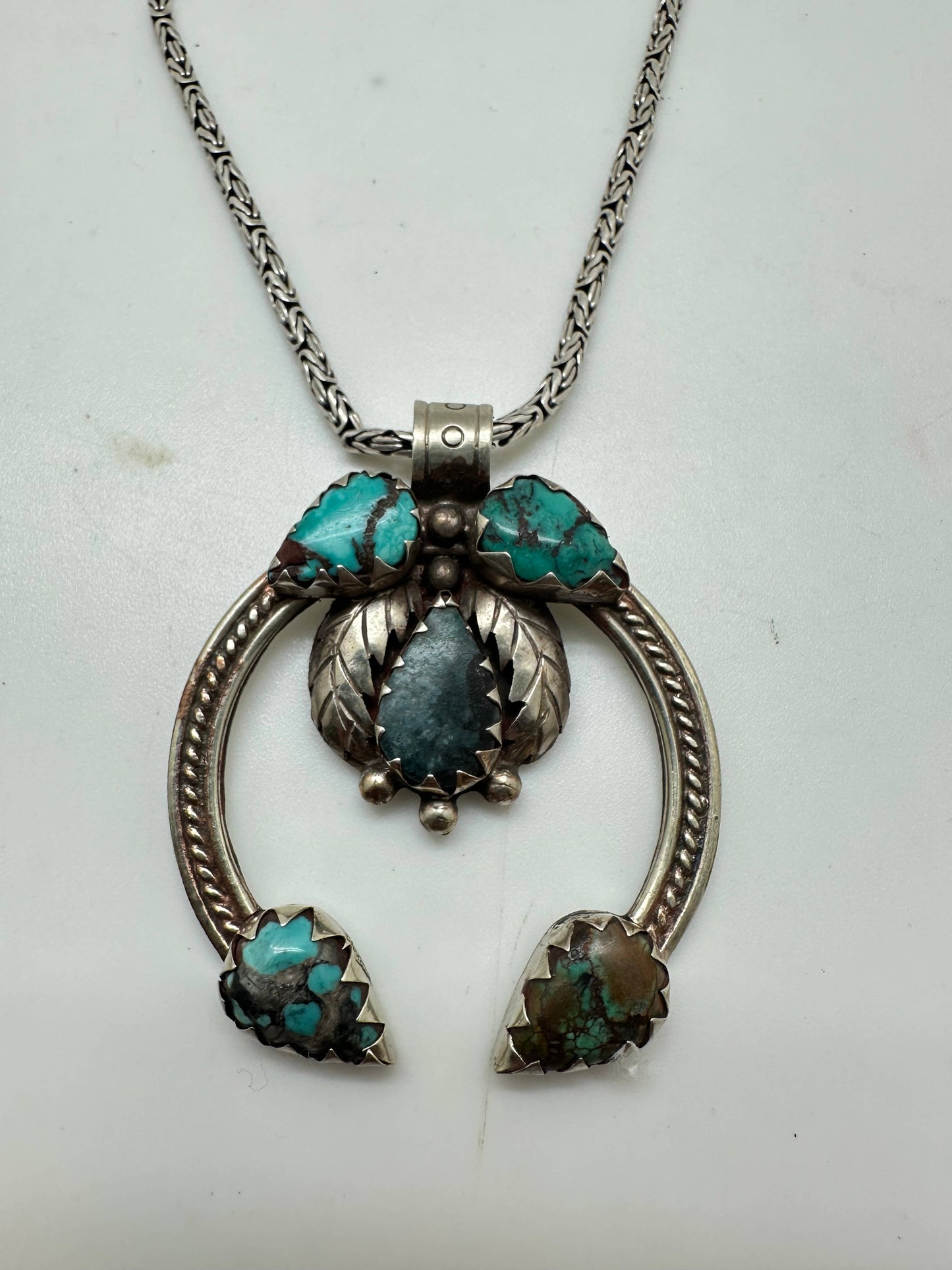 Blossom pendant, handcrafted, white metal - turquoise