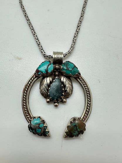 Blossom pendant, handcrafted, white metal - turquoise