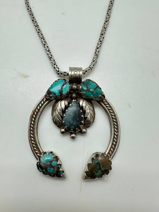 Blossom pendant, handcrafted, white metal - turquoise