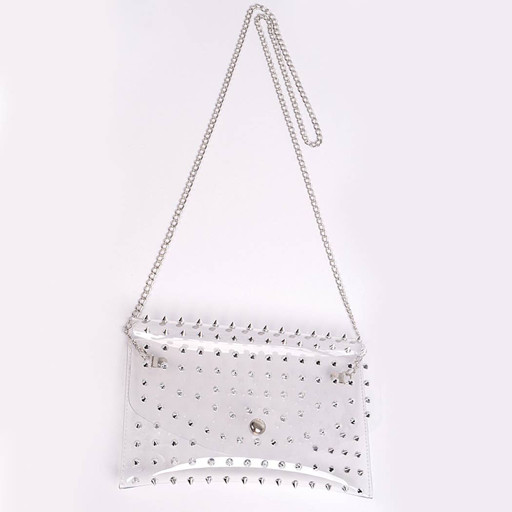 Ull Studded Cross Body Chain Strap Visible Clutch - Clear Silver
