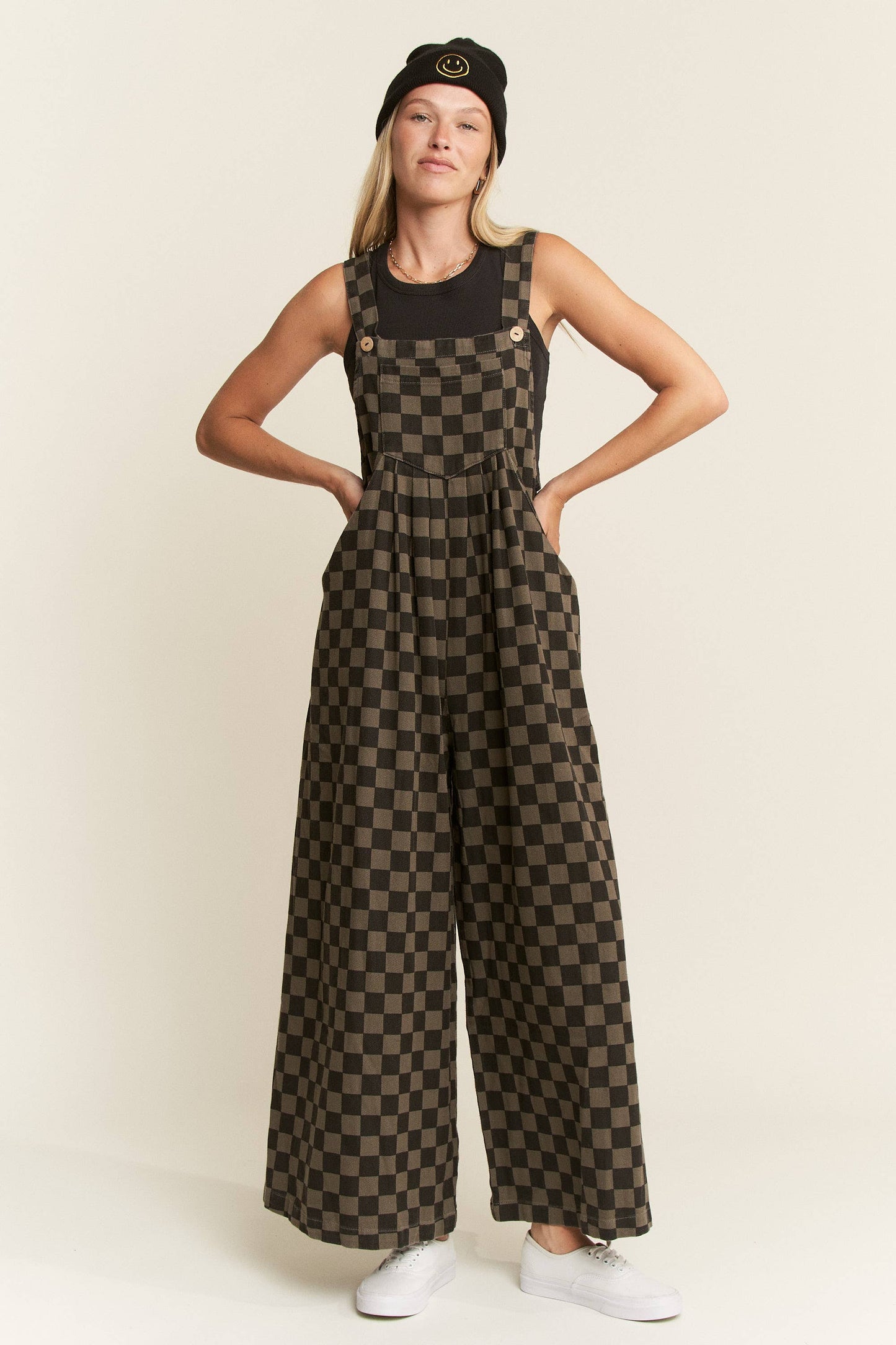Curve Wide-Leg Overalls - Charcoal/Black Checker