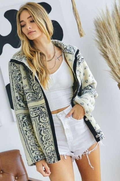 Plus Printed Front Pockets Button Down Jacket - Cream