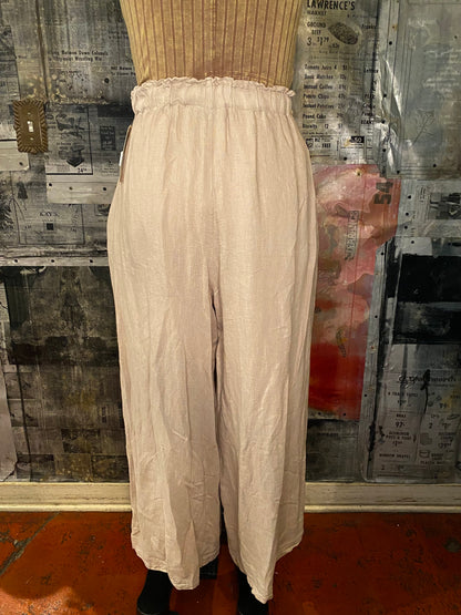 Linen, Elastic Waist Palazzo Pants - Sand