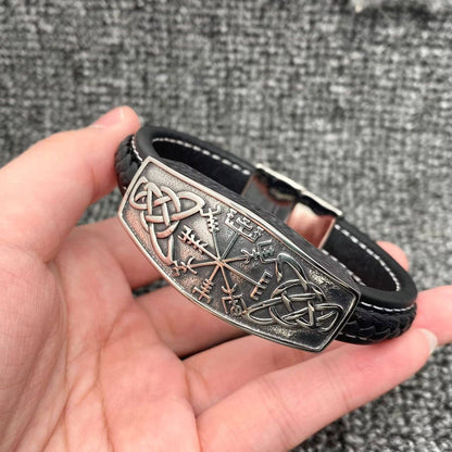 S.Steel Viking Celtic Knot Compass Leather Bracelet