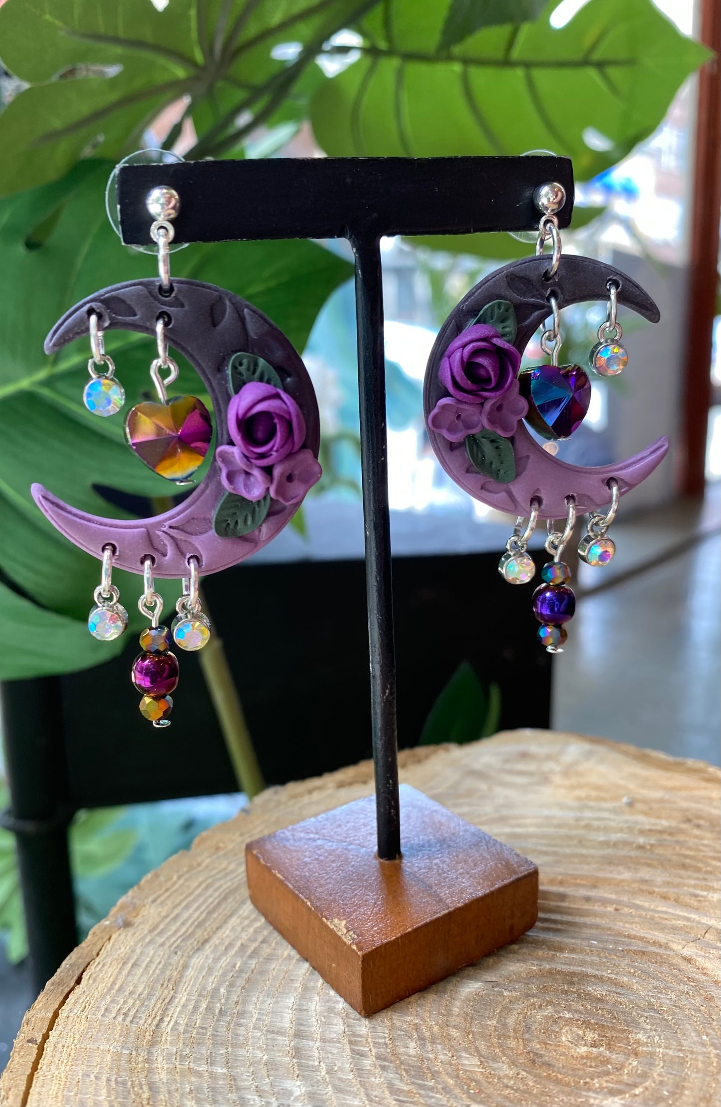 Purple Crescent Moon Dangles *E18