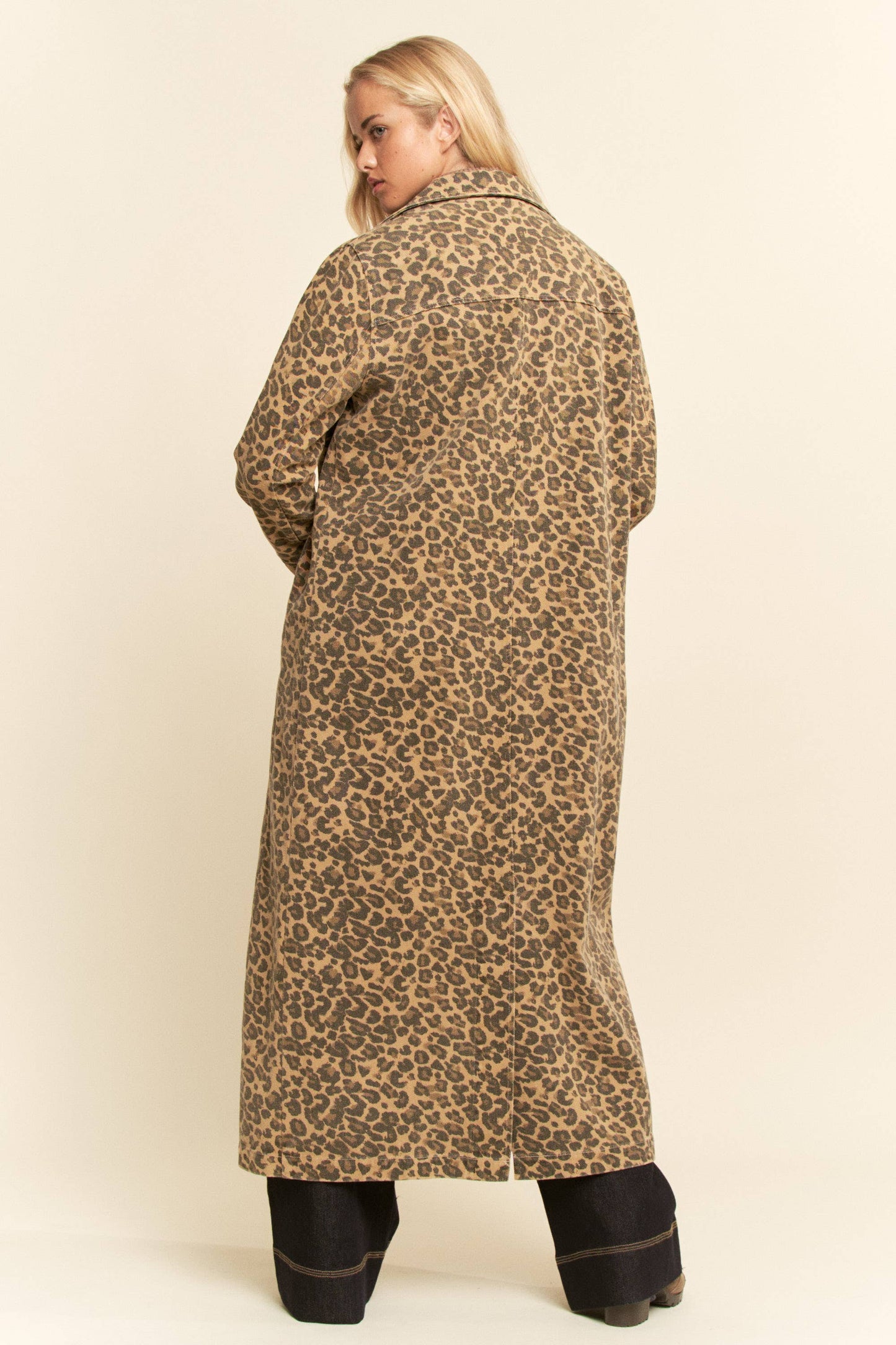 PLUS SIZE WASHED LAPEL DUSTER JACKET - TAUPE LEOPARD