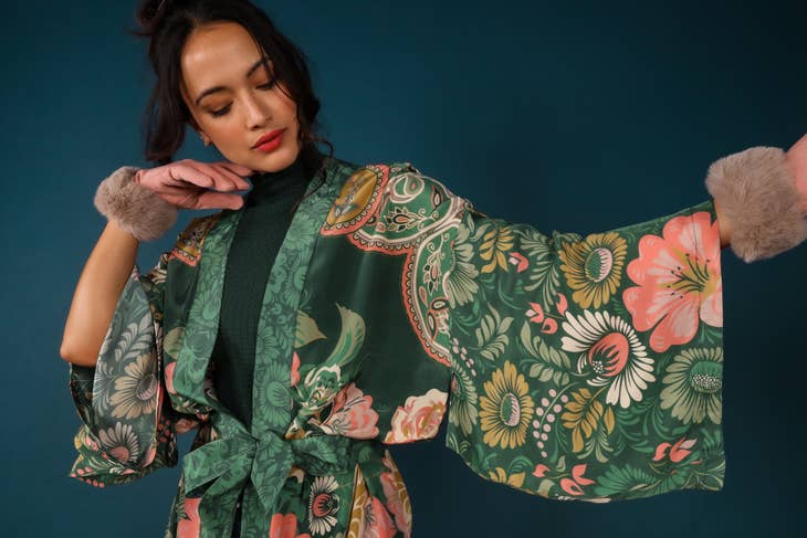 Luxe Folk Art Floral Kimono Gown - Fern - La De Da
