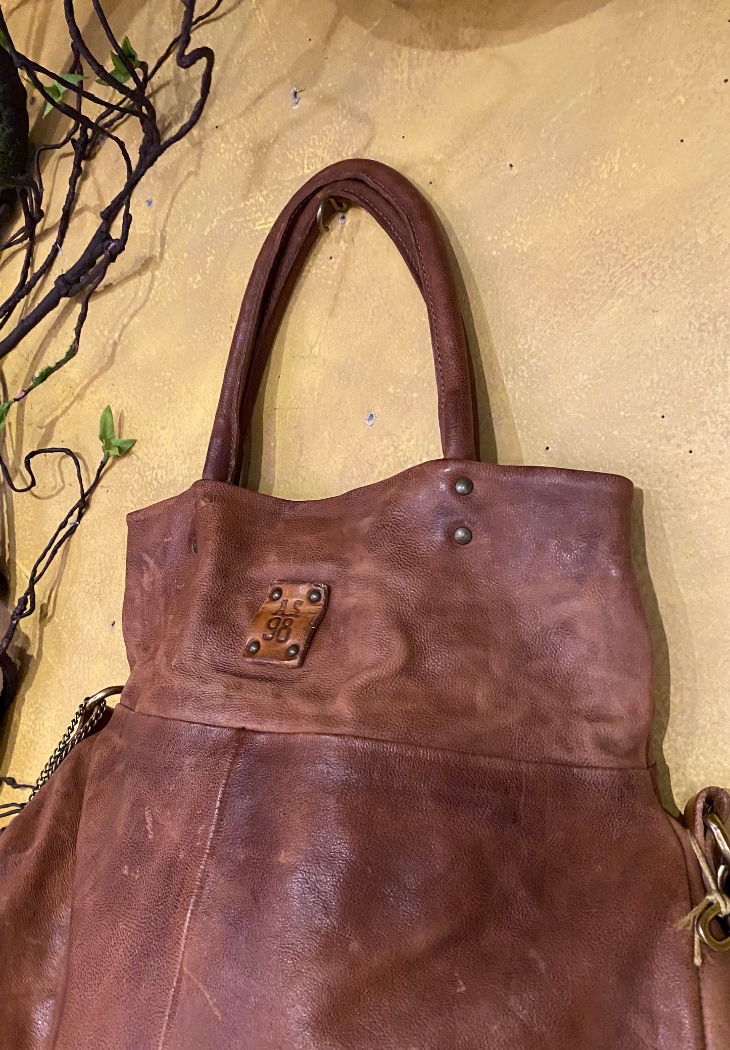 Folded Top Leather Crossbody Bag - Camel