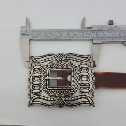 Western Silver Rectangular Concho Leather Belt - Brown