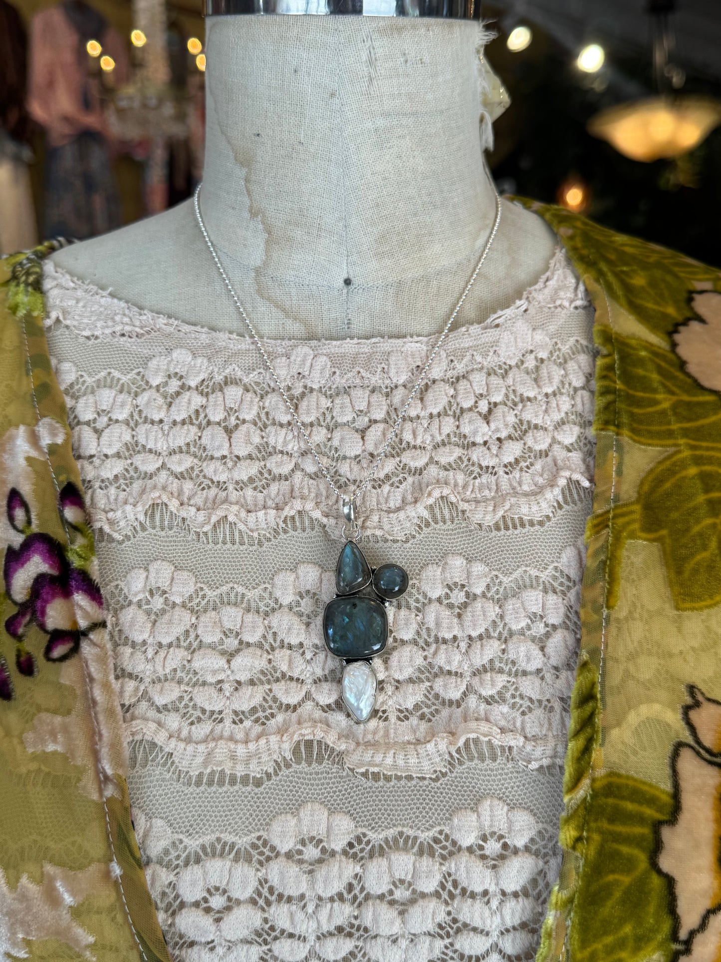 Triple Labradorite & Pearl Cluster Pendant