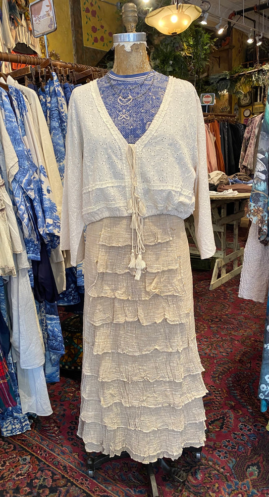 Self-Printed Short Jacket With Ruffles & Tassels - Cream
