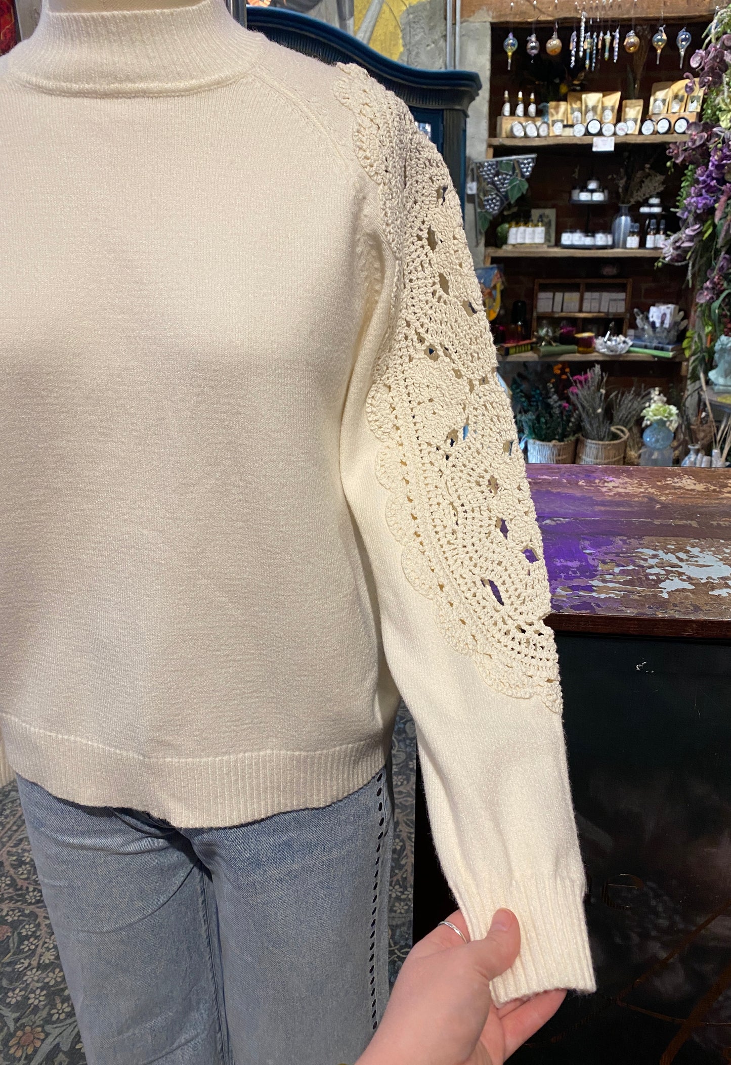 Crochet Sleeve Mock Neck - Ecru