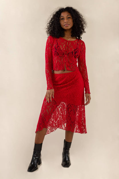 Mae Deadstock Lace Cardigan - Plus Size: X-Large / Red - La De Da