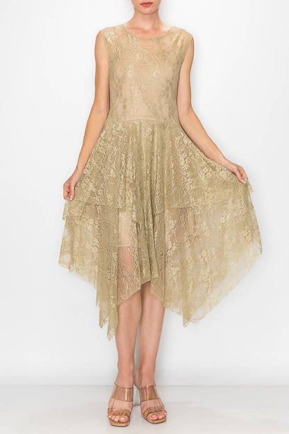 Whimsical Sleeveless Lace Midi Dress With Unattached Slip - TAUPE