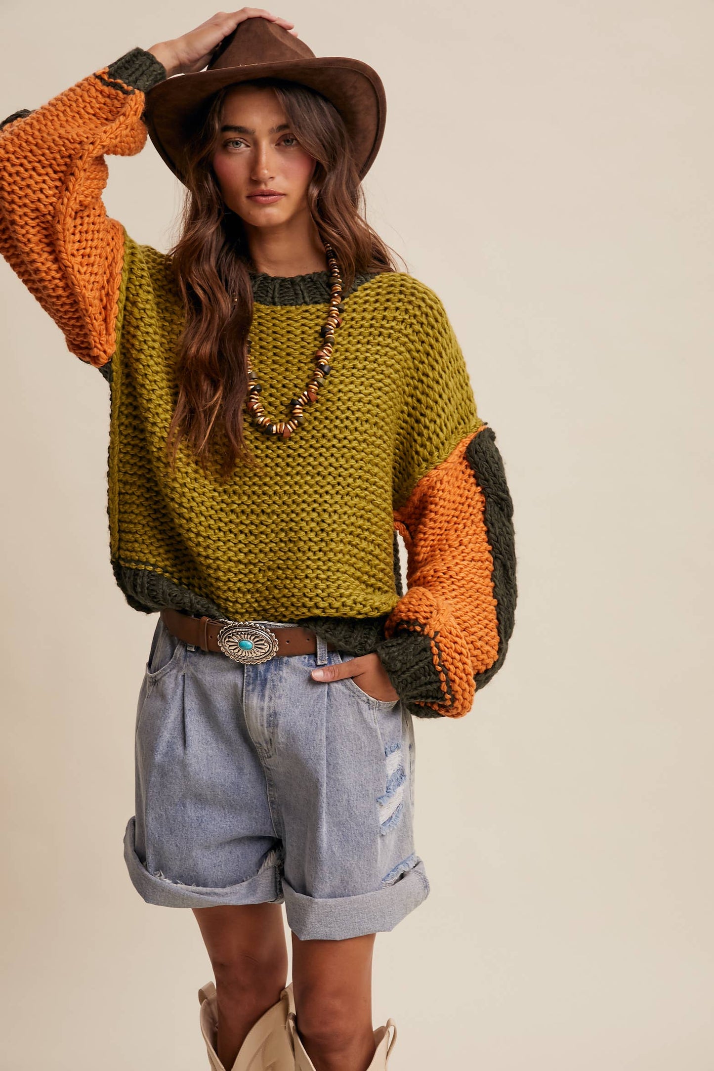 Hand-Knit Chunky Crochet Pullover - Olive Multi