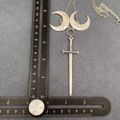 Double Moon Silver Tone Longsword Charm Necklace