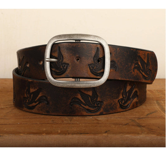 Embossed Sparrow Swallow Bird Vintage Aged Leather Belt in Black & Brown - Antique Silver