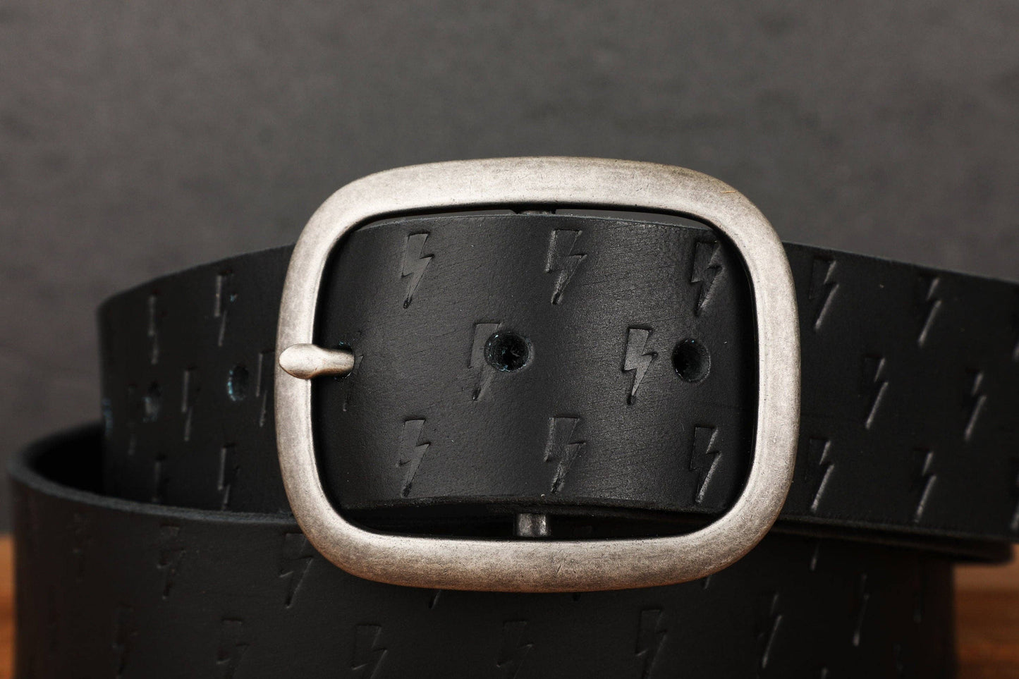 Black Leather Belt with Embossed Lightning Bolts and Antique Silver Buckle
