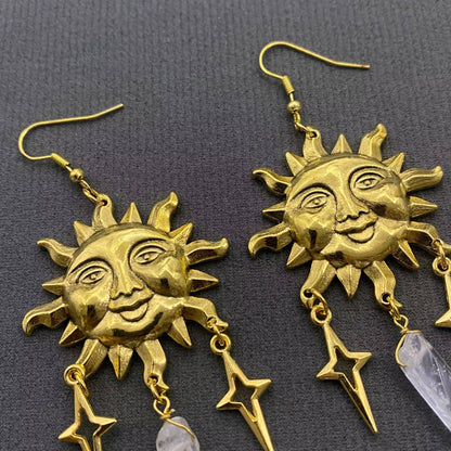 White Crystal Gold Plated Sun Charm Dangle Earrings