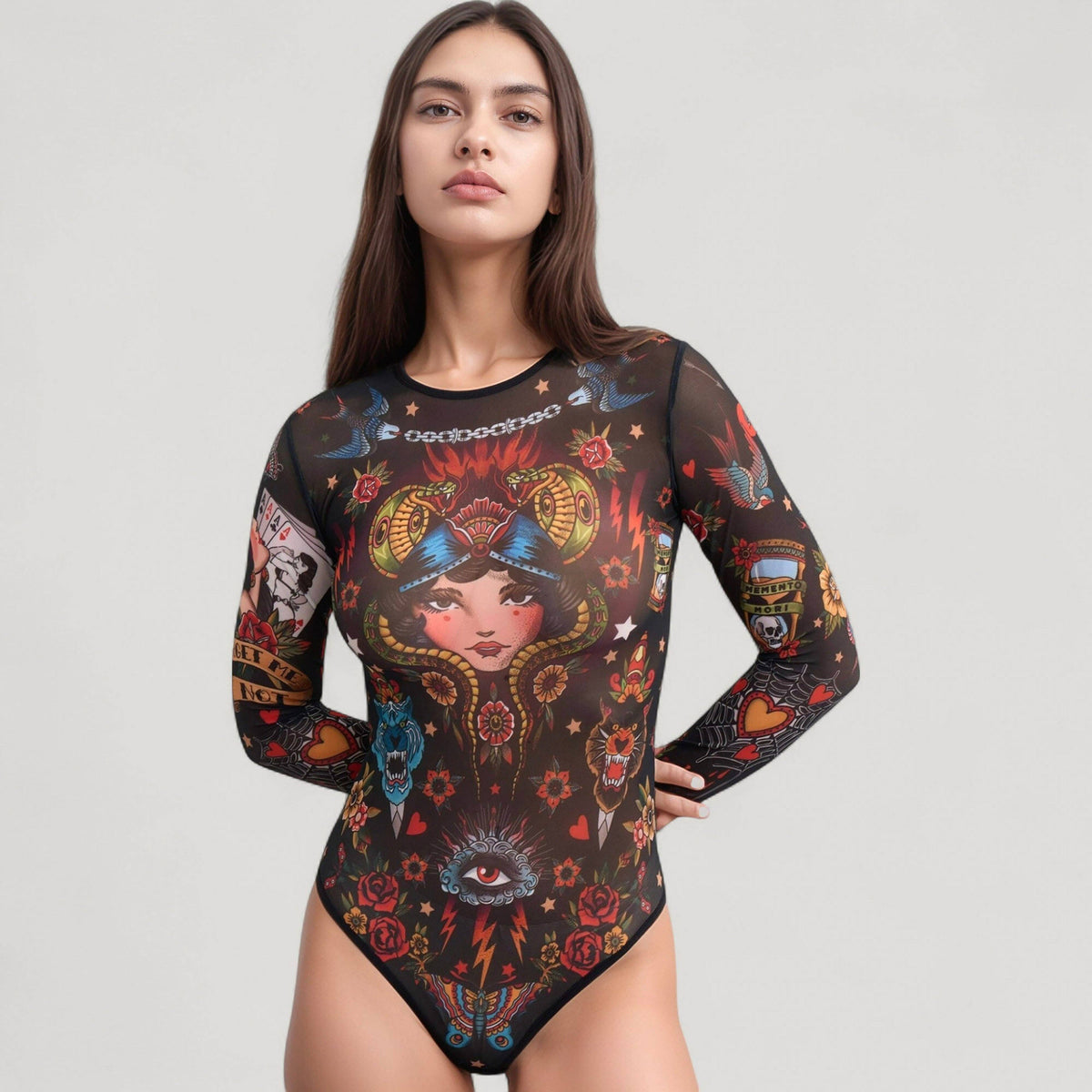 Tattoo Print Mesh Long Sleeve Bodysuit - Black