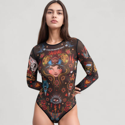 Tattoo Print Mesh Long Sleeve Bodysuit - Black