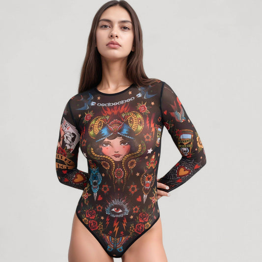 Tattoo Print Mesh Long Sleeve Bodysuit - Black