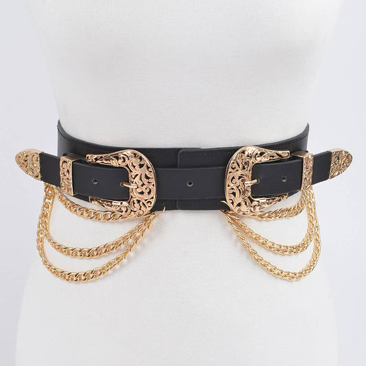 Multi Buckle Chain Layered Stretch Belt - Black/Gold
