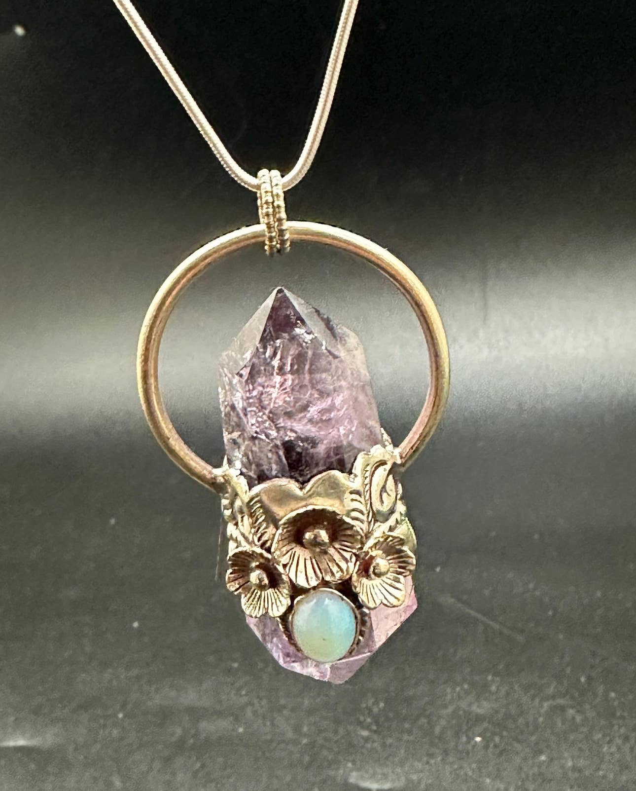 Amethyst double point pendant opal, handcrafted, white metal