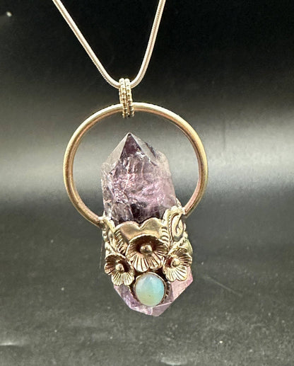 Amethyst double point pendant opal, handcrafted, white metal
