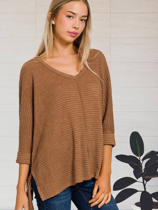 3/4 Sleeve V Neck Hi Low Hem Jacquard Sweater - Deepcamel