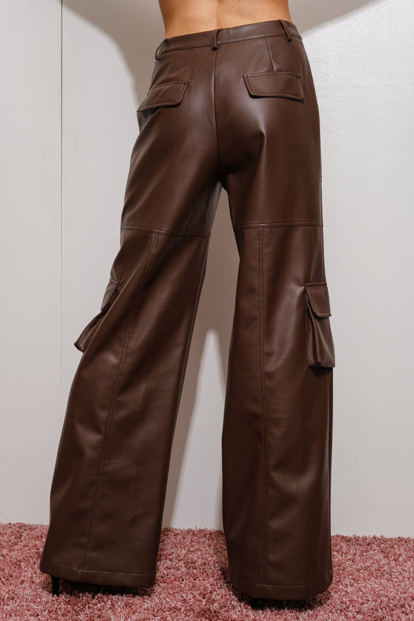 Vegan Leather Cargo Pants - Brown