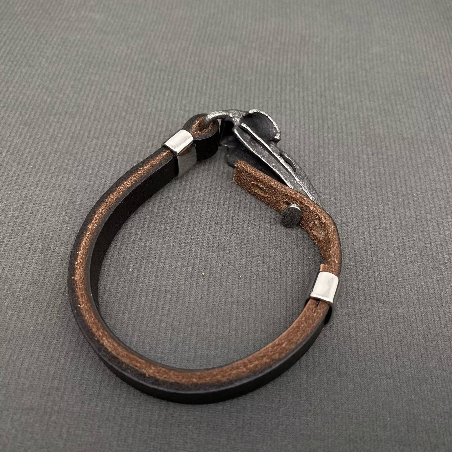 Stainless Steel Viking Crow Skull Head Cowhide Bracelet - MJ/BC