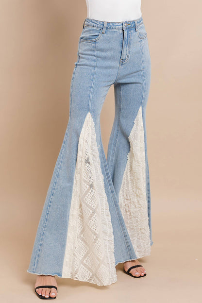 Lace Detail Wide Leg Jeans- Light Denim
