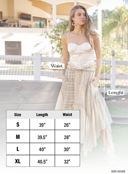 Boho Mixed Panel Drawstring Handkerchief Skirt - Latte