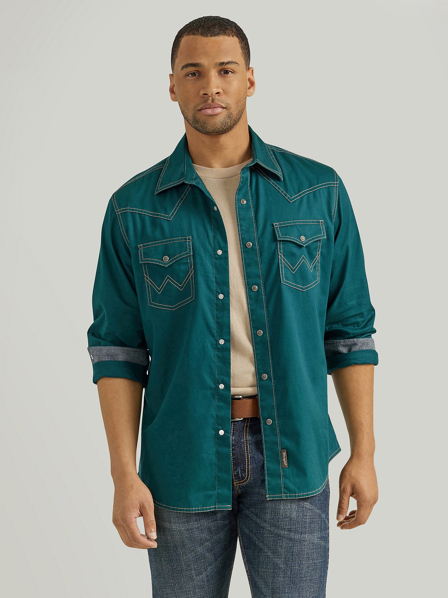 Mens Retro Long Sleeve Western Snap Shirt- Deep Teal