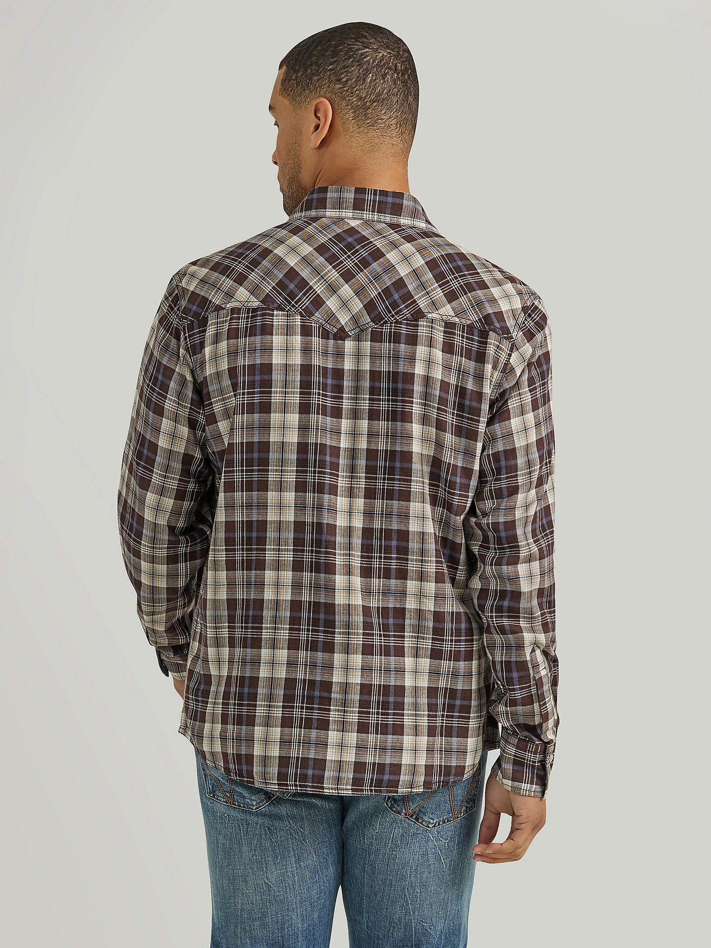 Retro Long Sleeve Western Snap Plaid Shirt- Brown/ Blue