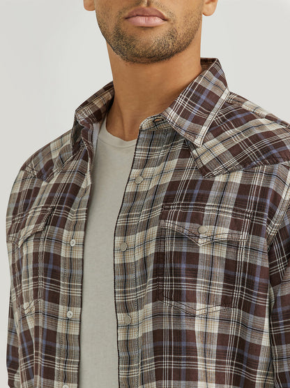 Retro Long Sleeve Western Snap Plaid Shirt- Brown/ Blue