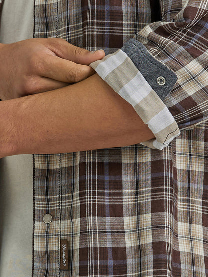 Retro Long Sleeve Western Snap Plaid Shirt- Brown/ Blue