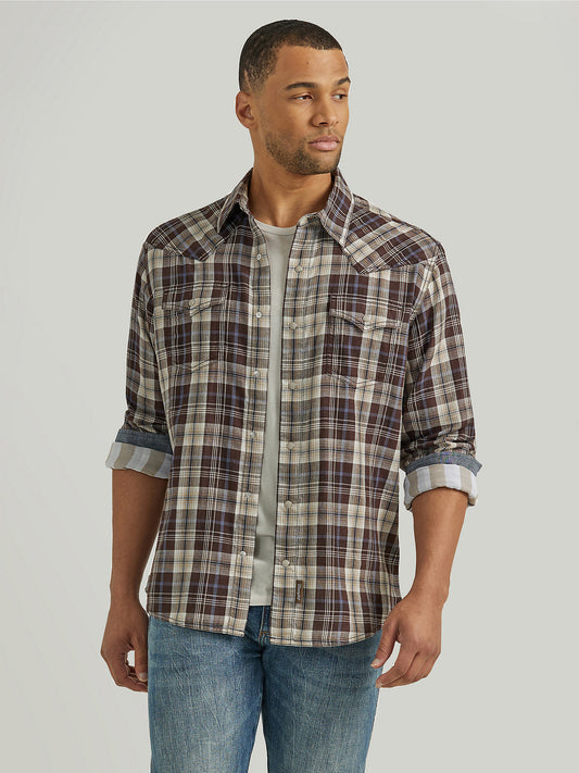 Retro Long Sleeve Western Snap Plaid Shirt- Brown/ Blue